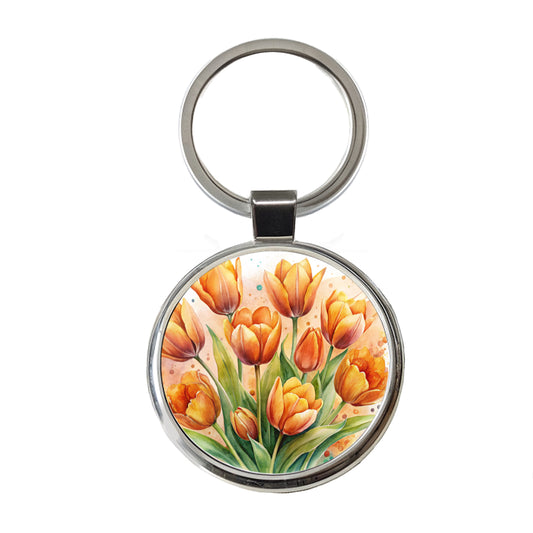 Orange Tulips Flowers Watercolor Round Metal Keychain