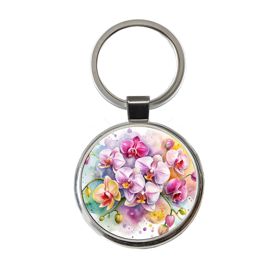 Orchids Flowers Watercolor Round Metal Keychain