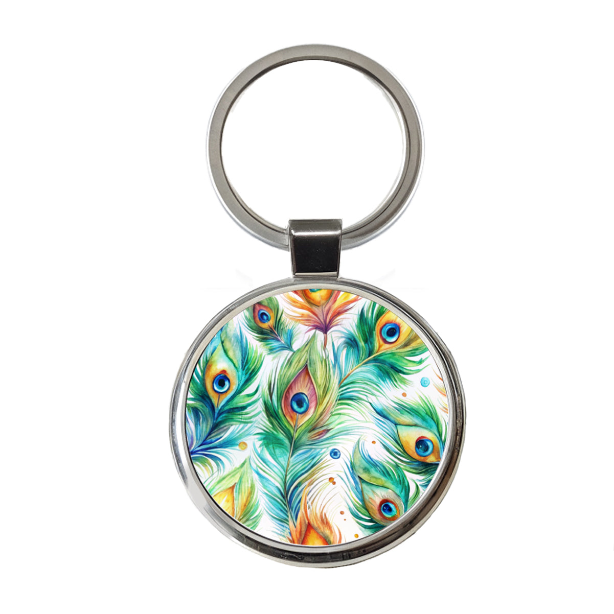Peacock Feathers Watercolor Round Metal Keychain