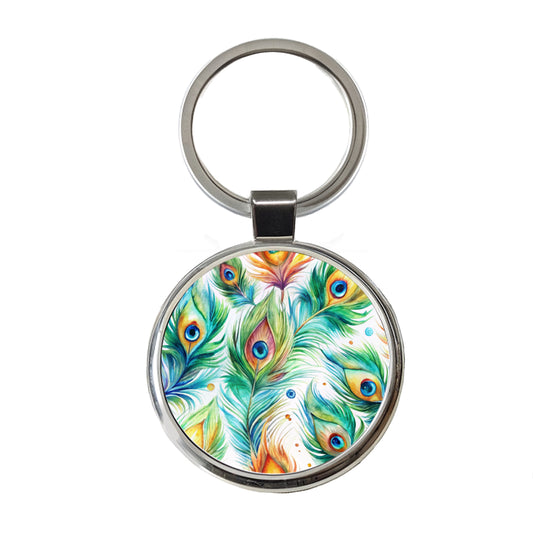 Peacock Feathers Watercolor Round Metal Keychain