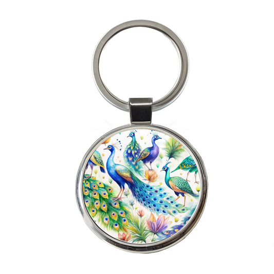 Peacocks Beautiful Birds Watercolor Round Metal Keychain