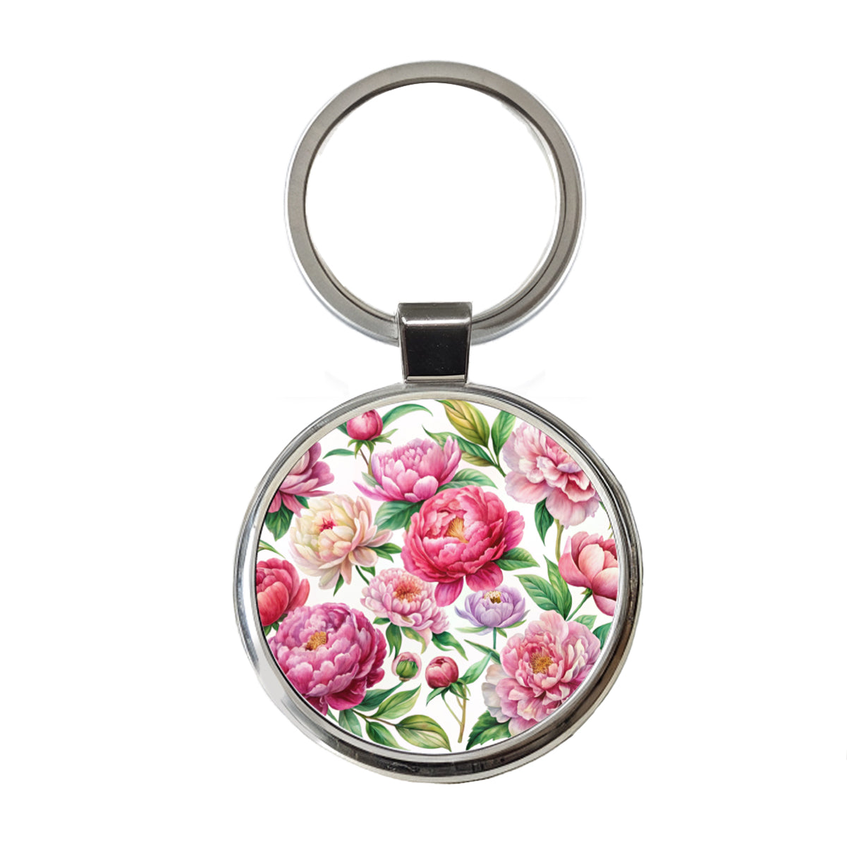 Peonies Pink Flowers Watercolor Round Metal Keychain