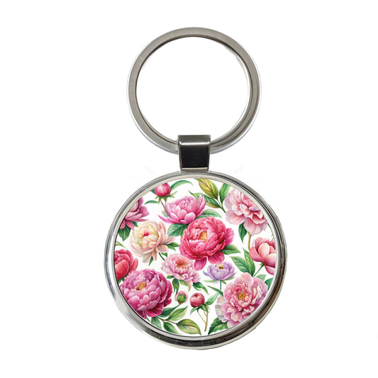 Peonies Pink Flowers Watercolor Round Metal Keychain