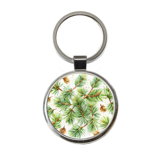 Pine Needles Watercolor Round Metal Keychain