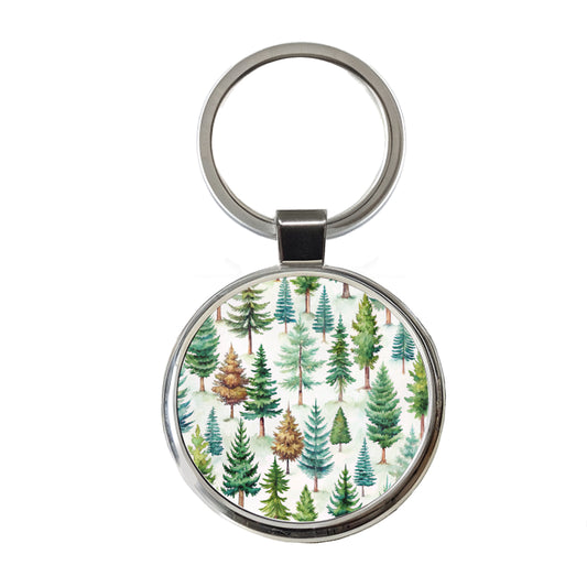 Pine Trees Forest Round Metal Keychain