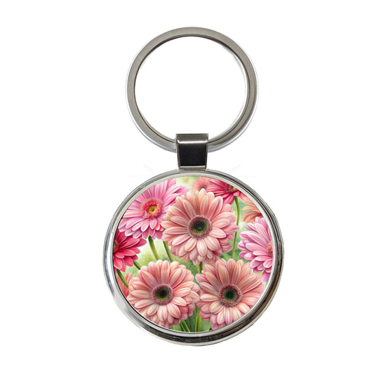 Pink Gerbera Daisies Flowers Watercolor Round Metal Keychain