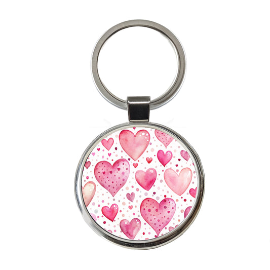 Pink Hearts Polka Dots Valentine's Love Anniversary Round Metal Keychain
