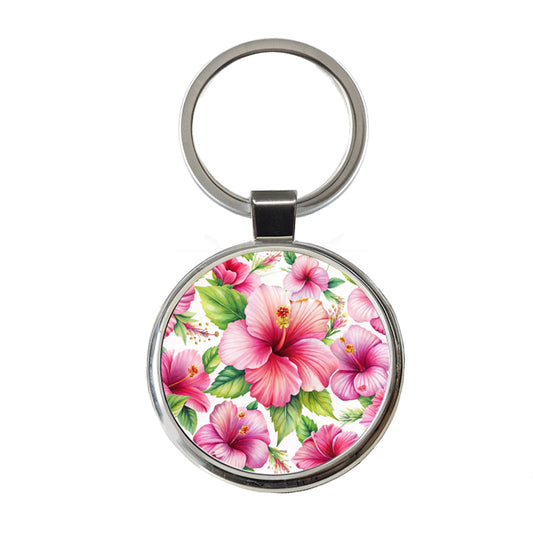 Pink Hibiscus Tropical Flowers Watercolor Round Metal Keychain