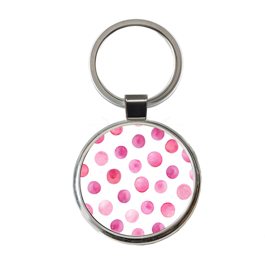 Pink Polka Dots White Background Round Metal Keychain
