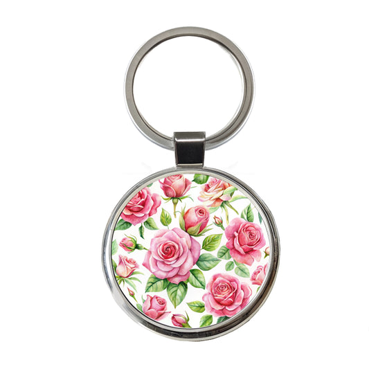 Pink Roses Flowers Watercolor Round Metal Keychain