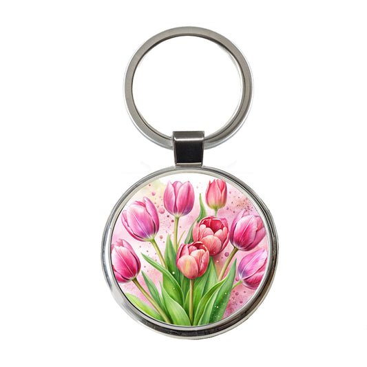 Pink Tulips Flowers Watercolor Round Metal Keychain