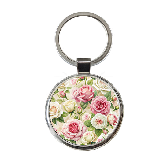 Pink White Roses Flowers Watercolor Round Metal Keychain