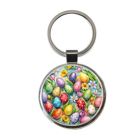 Pretty Easter Eggs Flowers Watercolor Round Metal Keychain