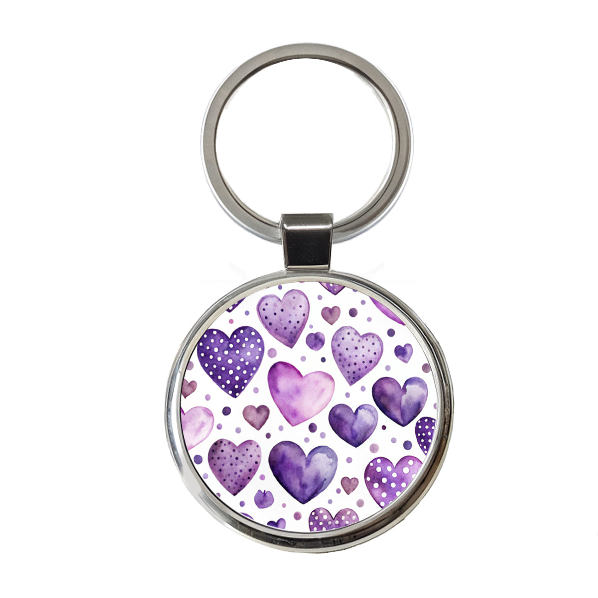 Purple Hearts Polka Dots Watercolor Round Metal Keychain