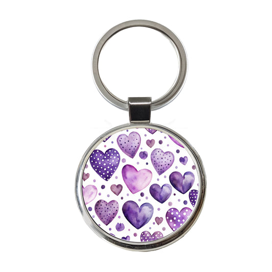 Purple Hearts Polka Dots Watercolor Round Metal Keychain