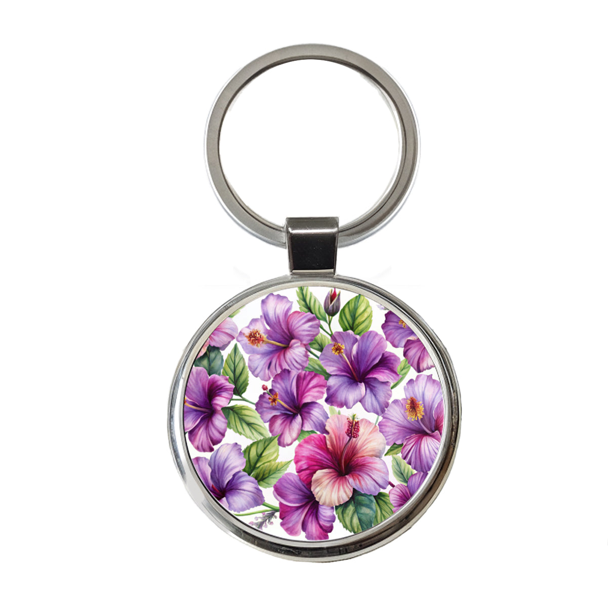 Purple Hibiscus Flowers Watercolor Round Metal Keychain