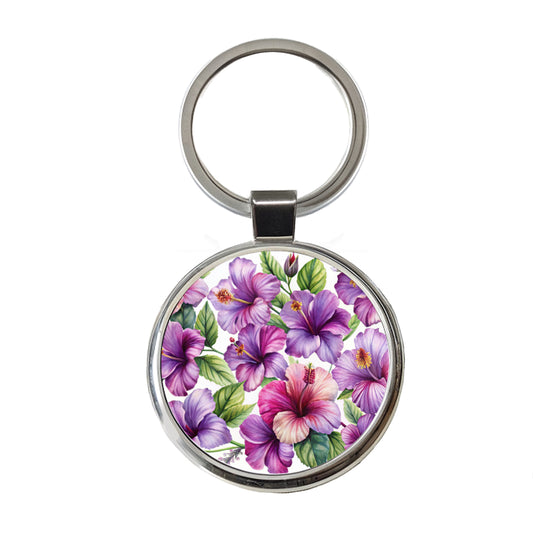 Purple Hibiscus Flowers Watercolor Round Metal Keychain