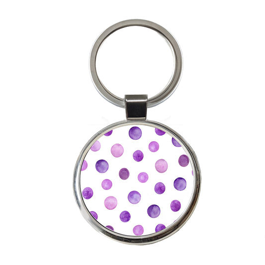 Purple Polka Dots Fun White Background Round Metal Keychain