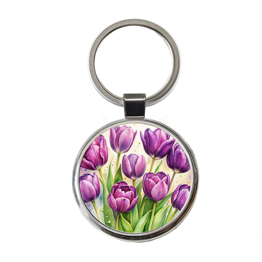 Purple Tulips Flowers Watercolor Round Metal Keychain