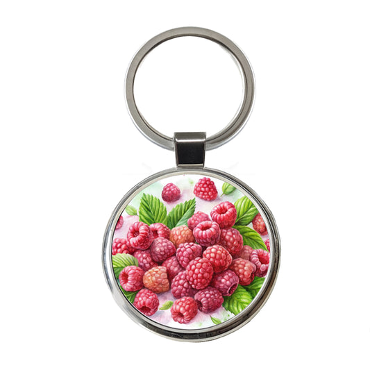 Raspberries Fruit Watercolor Round Metal Keychain