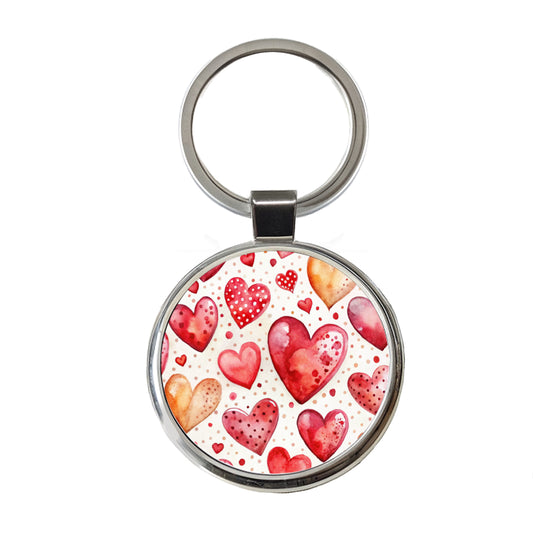 Red Hearts Polka Dots Love Valentine's Day Anniversary Round Metal Keychain