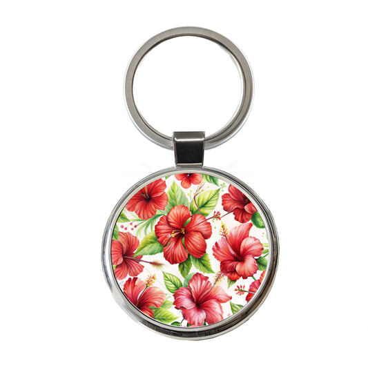 Red Hibiscus Flowers Watercolor Round Metal Keychain