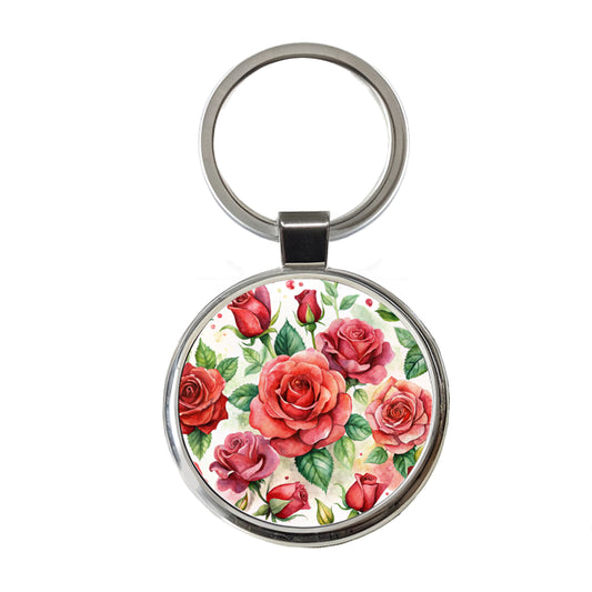 Red Roses Flowers Watercolor Round Metal Keychain