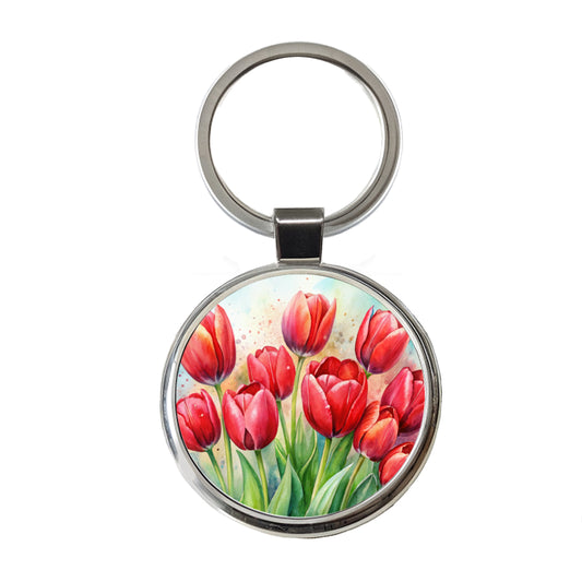 Red Tulips Flowers Watercolor Round Metal Keychain