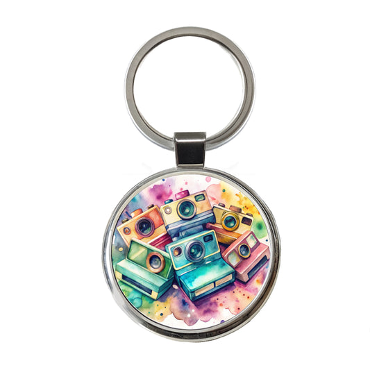 Retro Instant Cameras Photographer Watercolor Round Metal Keychain