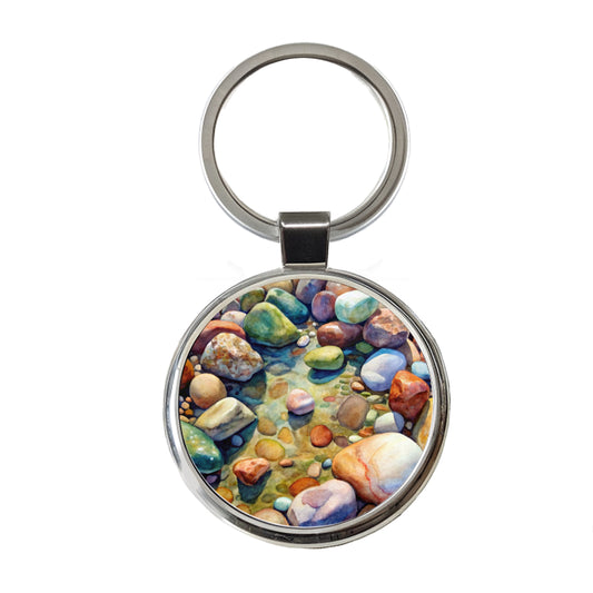 River Rocks Watercolor Round Metal Keychain