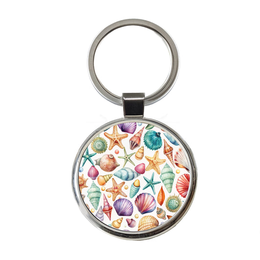 Shells Scattered Beach Round Metal Keychain
