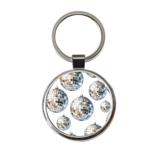 Silver Disco Balls Watercolor Round Metal Keychain