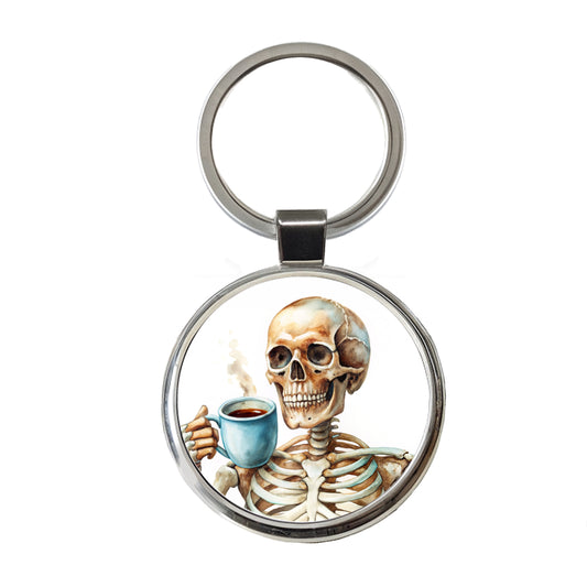 Skeleton Drinking Coffee Watercolor Round Metal Keychain