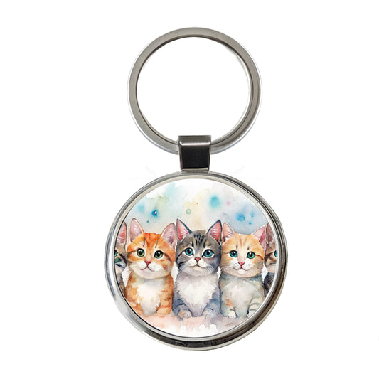 Small Cute Cats In A Row Round Metal Keychain