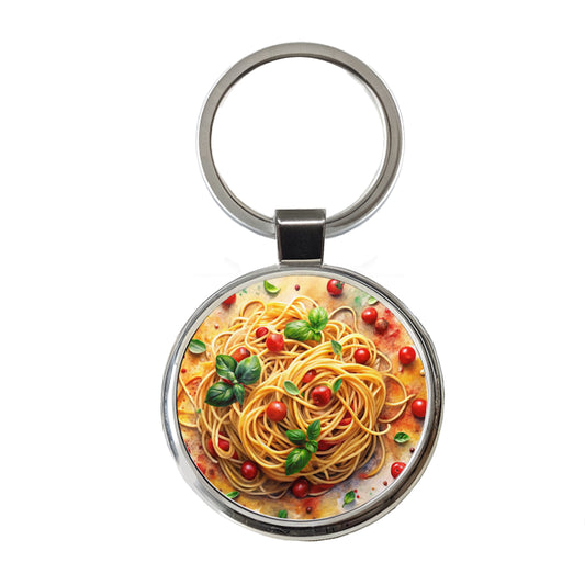 Spaghetti Pasta Italian Food Watercolor Round Metal Keychain