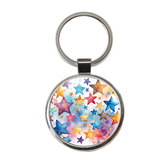 Stars Watercolor Round Metal Keychain