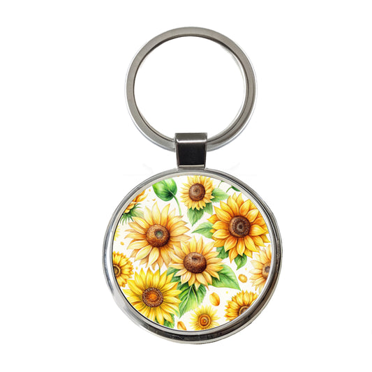 Sunflowers Scattered Watercolor Round Metal Keychain