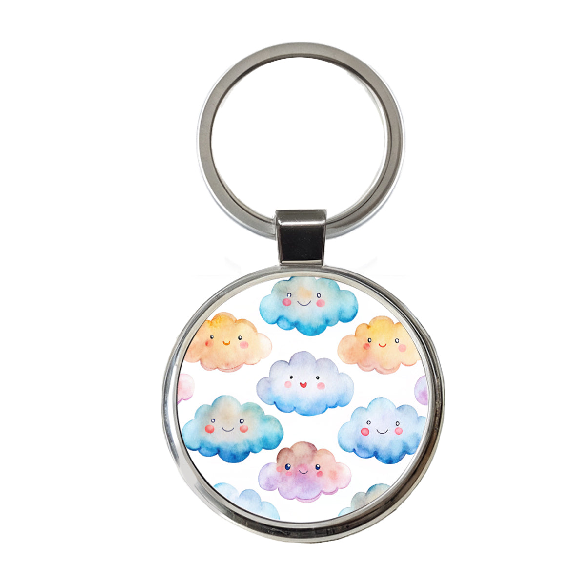Sweet Smiling Clouds In A Row Watercolor Round Metal Keychain