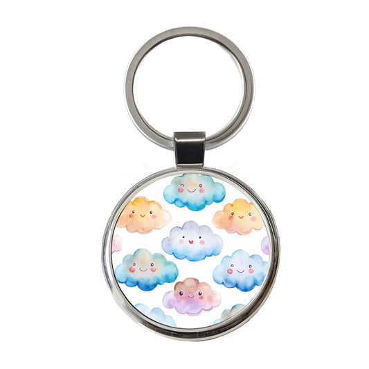 Sweet Smiling Clouds In A Row Watercolor Round Metal Keychain