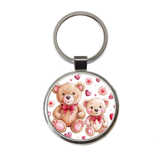 Teddy Bears Pink Red Hearts Round Metal Keychain