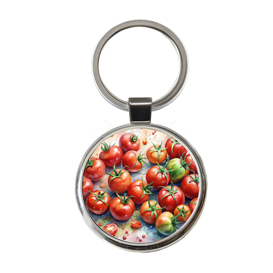 Tomatoes Watercolor Round Metal Keychain