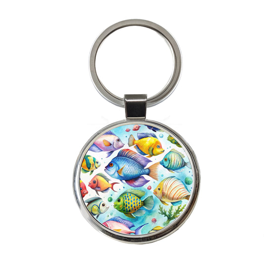 Tropical Fish Swimming Ocean Round Metal Keychain