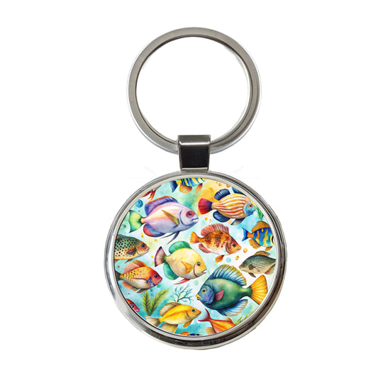 Tropical Fish Watercolor Round Metal Keychain