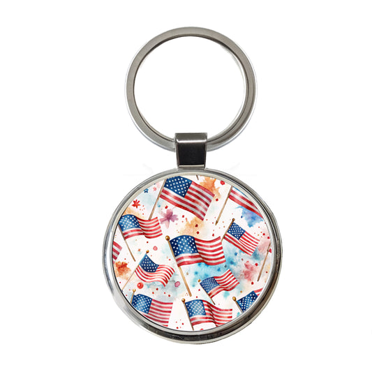 USA American Flags Patriotic Watercolor Round Metal Keychain