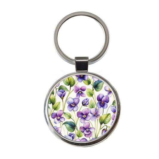 Violets Flowers Watercolor Round Metal Keychain