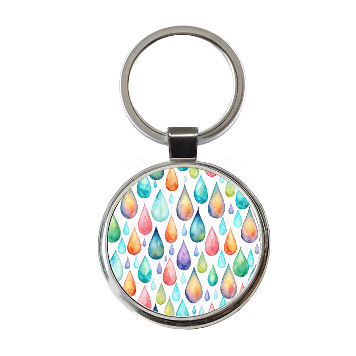 Water Droplets Colorful Watercolor Round Metal Keychain