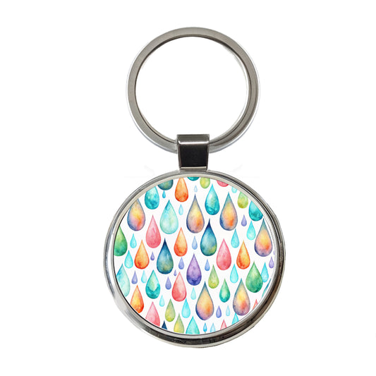Water Droplets Colorful Watercolor Round Metal Keychain