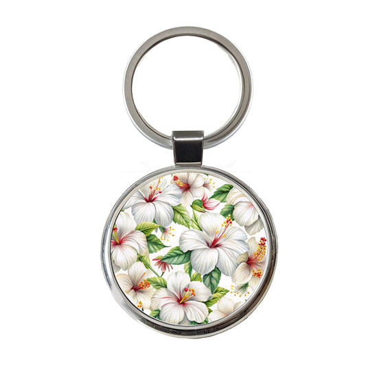 White Hibiscus Flowers Watercolor Round Metal Keychain