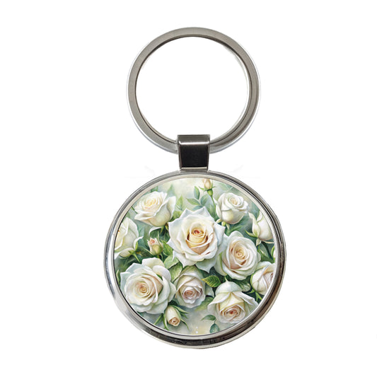 White Roses Flowers Watercolor Round Metal Keychain
