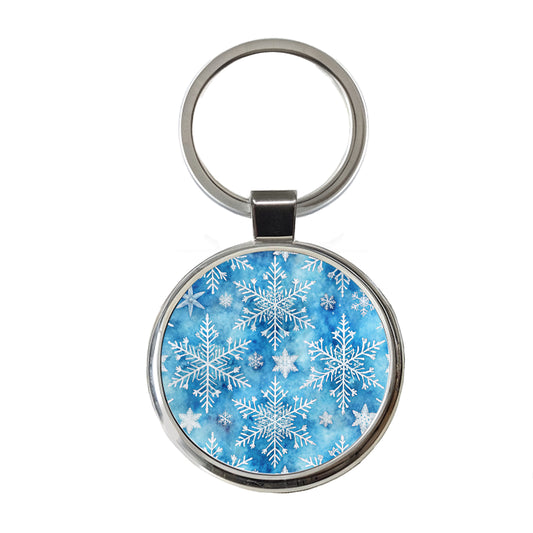 White Snowflakes Beautiful Winter Round Metal Keychain